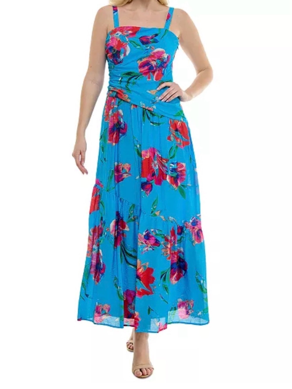 NWT Taylor Blue Tropical Floral Asymmetrical Drop Waist Flowy Maxi Dress Size 8
